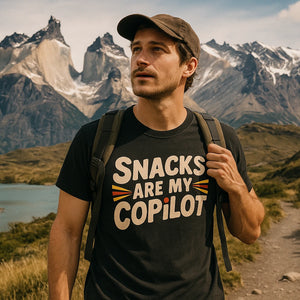 Lifestyle shot of the "Snacks Are My Copilot" black adventure t shirt in a real-world setting