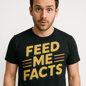 Close-up of the "Feed Me Facts" gold print on a premium Bella+Canvas black studying t shirt