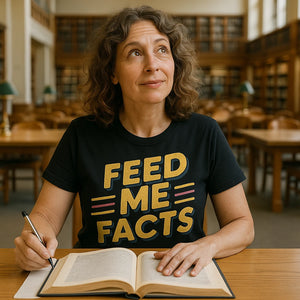 Lifestyle shot of the "Feed Me Facts" black studying t shirt in a real-world setting