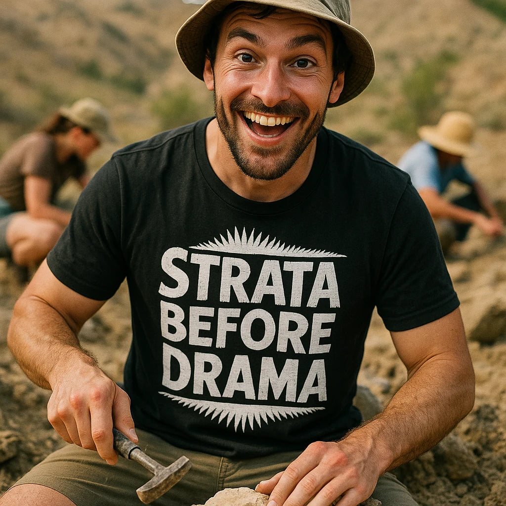 "Strata Before Drama" paleontology t shirt - product photo 8