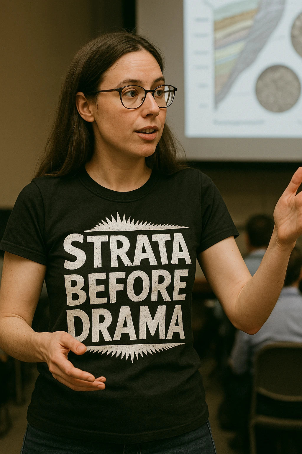 "Strata Before Drama" black paleontology t shirt, photographed as gifts for paleontology lovers