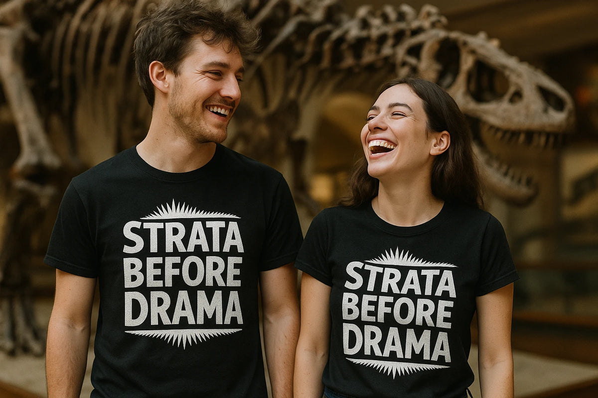 Person wearing the black paleontology t shirt graphic tee - "Strata Before Drama" design
