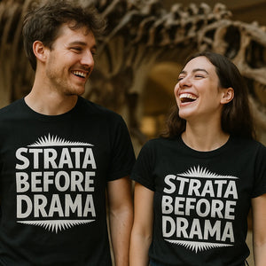 Person wearing the black paleontology t shirt graphic tee - "Strata Before Drama" design