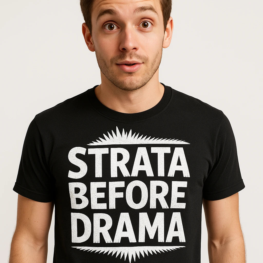 Close-up of the "Strata Before Drama" white print on a premium Bella+Canvas black paleontology t shirt