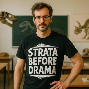 Lifestyle shot of the "Strata Before Drama" black paleontology t shirt in a real-world setting
