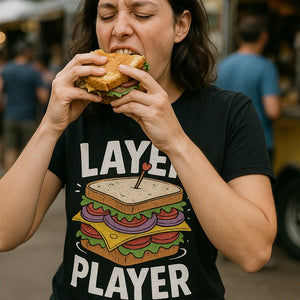 "Layer Player" black sandwich shirts, photographed as gifts for sandwich lovers