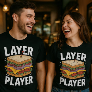 Person wearing the black sandwich shirts graphic tee - "Layer Player" design