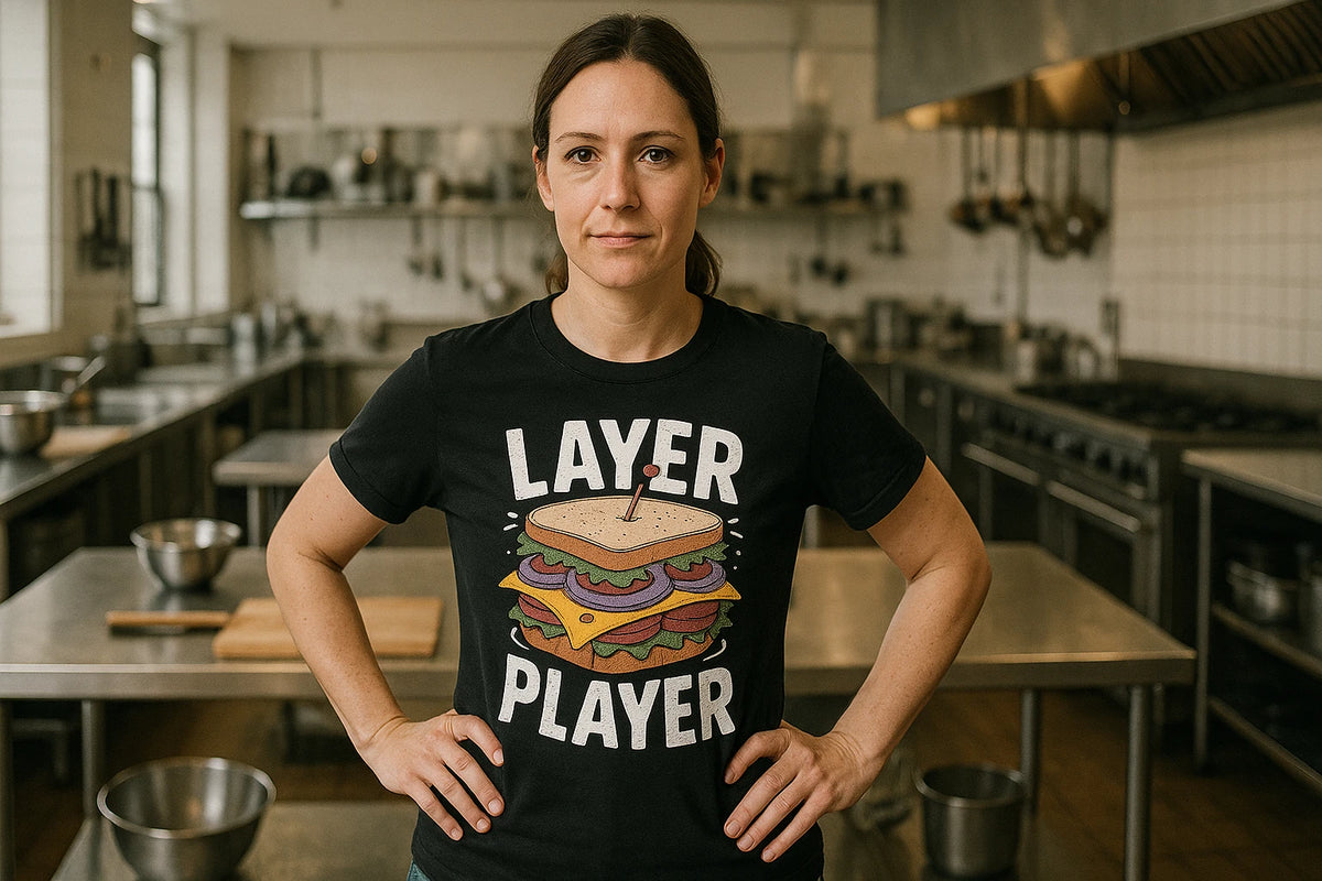 Lifestyle shot of the "Layer Player" black sandwich shirts in a real-world setting
