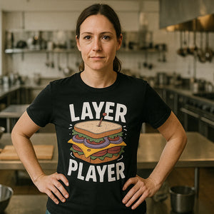 Lifestyle shot of the "Layer Player" black sandwich shirts in a real-world setting