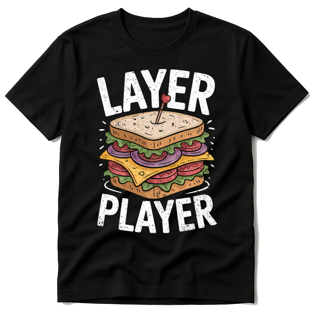 Black Sandwich Shirts - "Layer Player" graphic tee with gold print, flat lay product photo