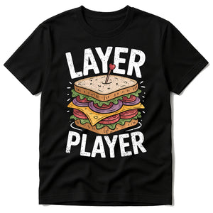Black Sandwich Shirts - "Layer Player" graphic tee with gold print, flat lay product photo
