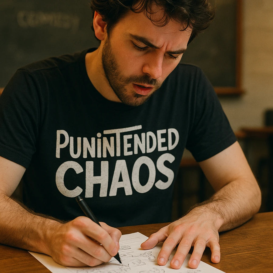 A person with short dark hair and a beard is focused on drawing at a wooden table. They are wearing a black t-shirt with bold white text that reads "PUNINTENDED CHAOS". A chalkboard with indistinct text is visible in the background.