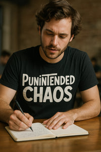 A person with medium-length hair and a beard, wearing a black T-shirt with the text 