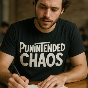 "Punintended Chaos" black comedy t shirt, photographed as gifts for comedy lovers