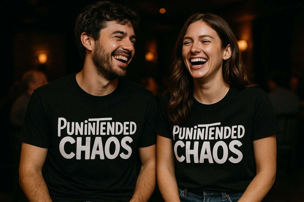 A man and a woman are sitting together, laughing and wearing matching black T-shirts with the text "Punintended Chaos" printed in bold white letters. The background is dimly lit, suggesting a casual, relaxed setting.