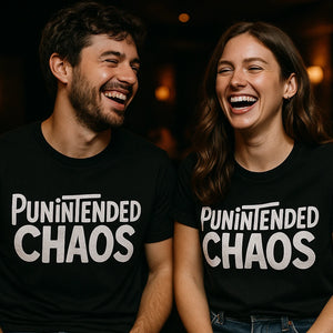 Person wearing the black comedy t shirt graphic tee - "Punintended Chaos" design