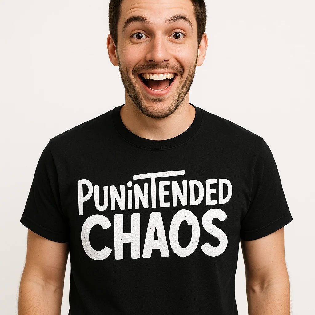 A person with short hair and a beard, wearing a black t-shirt with the text "Punintended Chaos". They have a wide, happy smile and an expressive face.