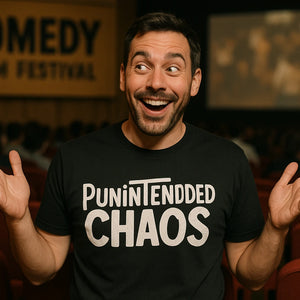 Lifestyle shot of the "Punintended Chaos" black comedy t shirt in a real-world setting