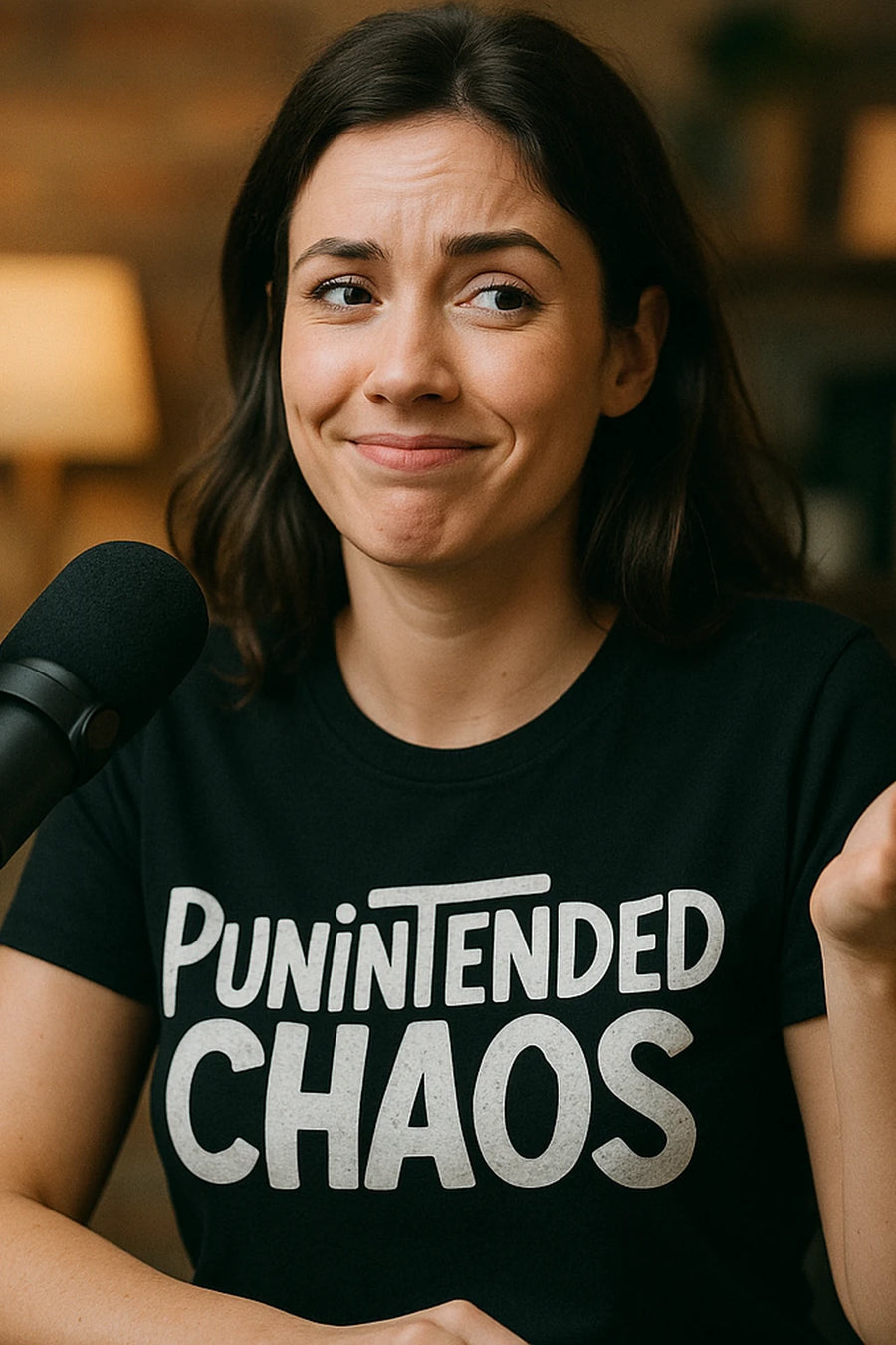 A person with long dark hair is sitting in front of a microphone, wearing a black t-shirt with the words "PUNINTENDED CHAOS" printed in white. They have a slight smirk and a raised eyebrow.