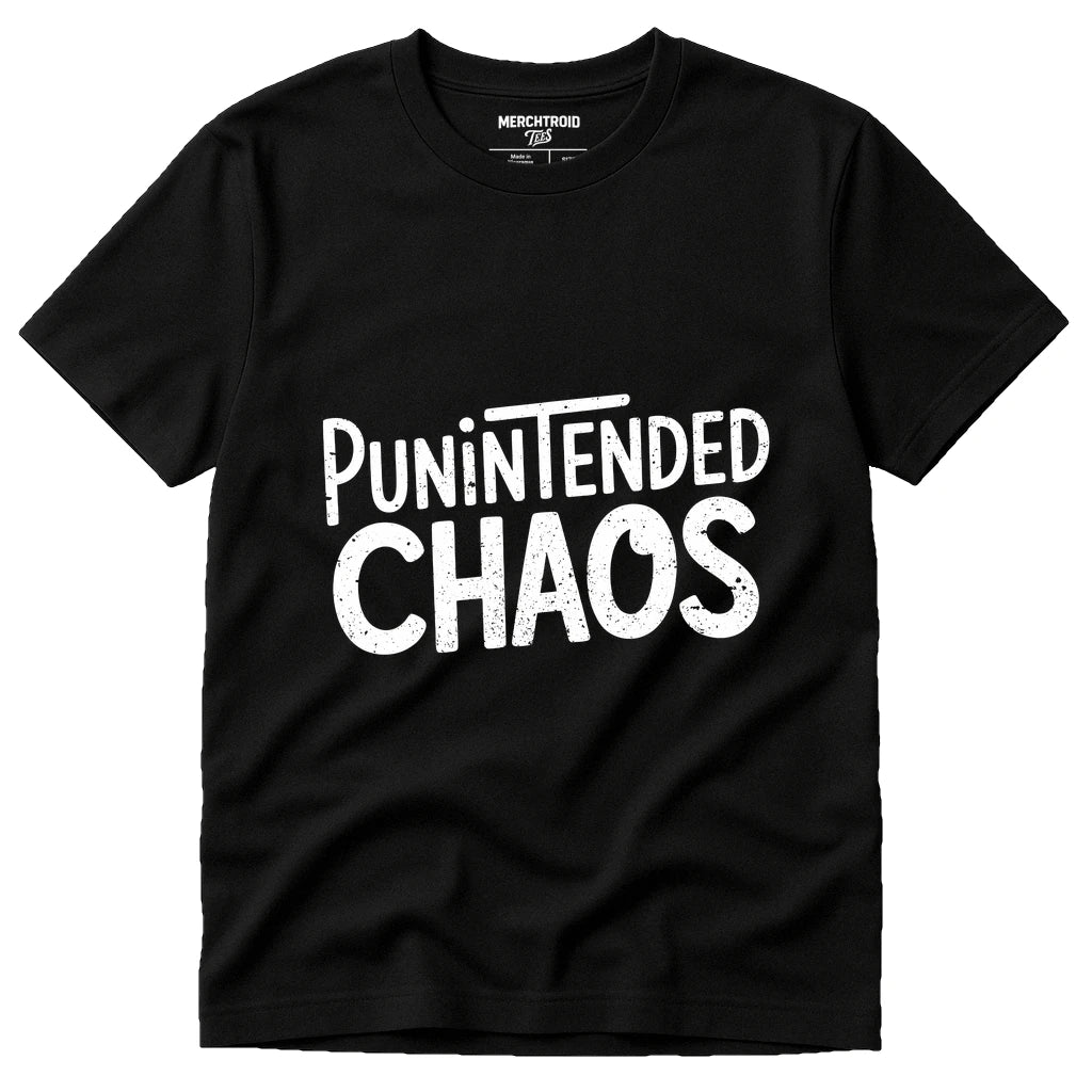 Black Comedy T Shirt - "Punintended Chaos" graphic tee with white print, flat lay product photo
