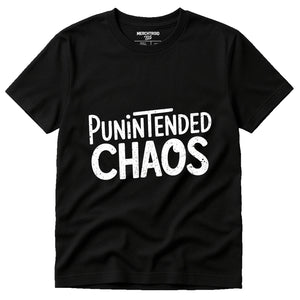 Black Comedy T Shirt - "Punintended Chaos" graphic tee with white print, flat lay product photo