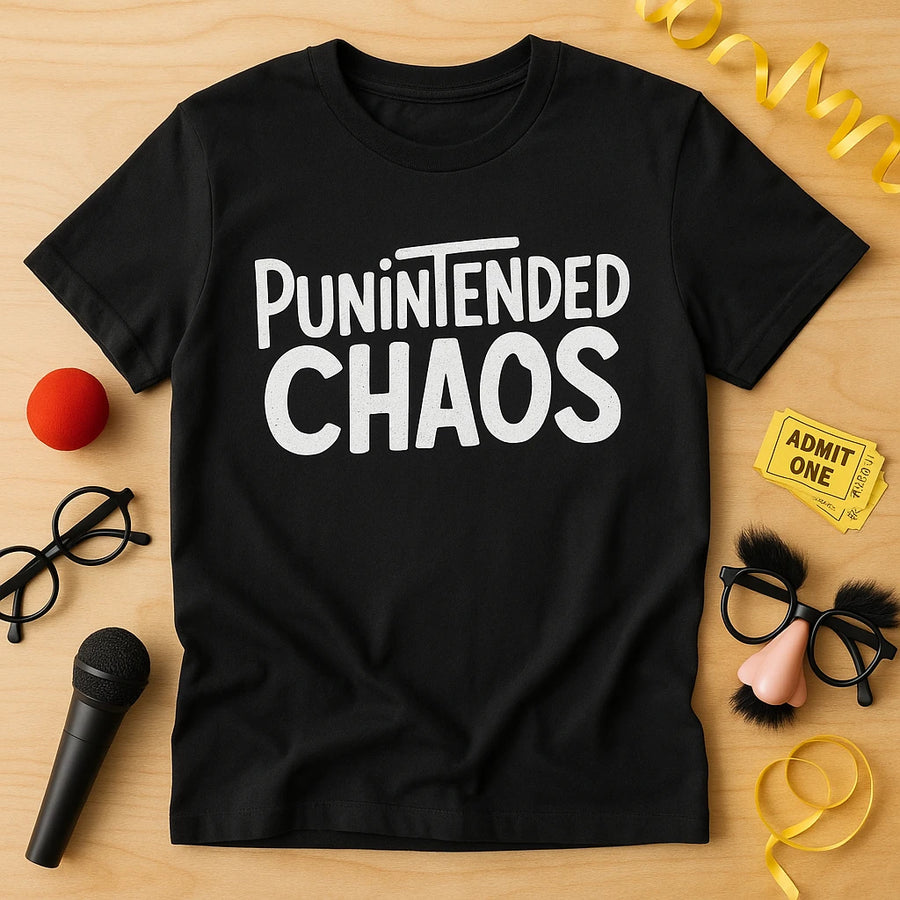 A black t-shirt displayed on a wooden surface with the text "PUNINTENDED CHAOS" printed in bold white letters. Surrounding the shirt are playful accessories, including a red clown nose, black sunglasses with an attached fake nose and mustache, a yellow "Admit One" ticket, a black microphone, and yellow curly ribbon.