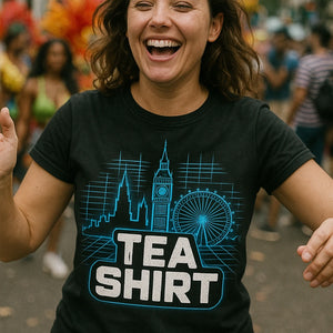 "Tea Shirt" black london t shirt, photographed as gifts for london lovers