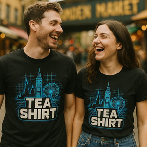 Person wearing the black london t shirt graphic tee - "Tea Shirt" design