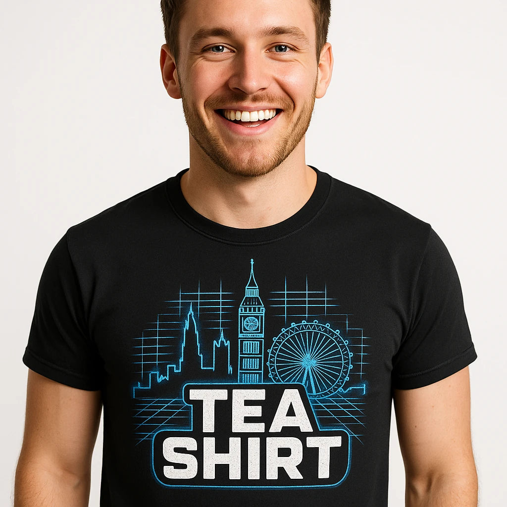 Close-up of the "Tea Shirt" teal print on a premium Bella+Canvas black london t shirt