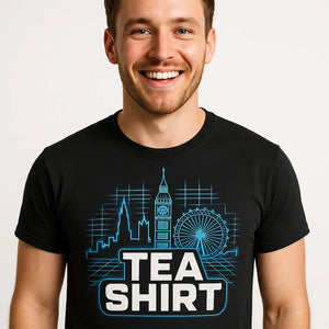 Close-up of the "Tea Shirt" teal print on a premium Bella+Canvas black london t shirt