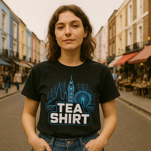 Lifestyle shot of the "Tea Shirt" black london t shirt in a real-world setting