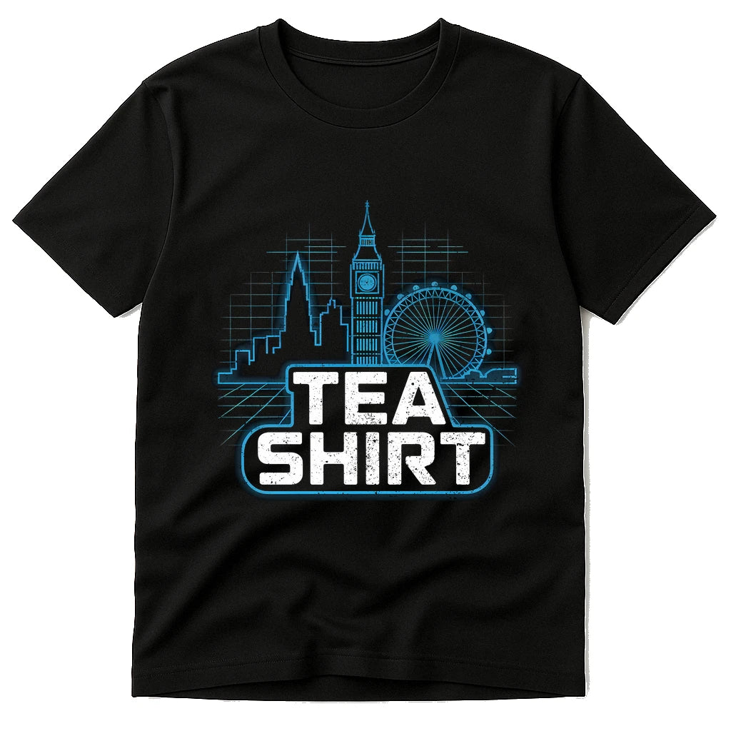 Black London T Shirt - "Tea Shirt" graphic tee with teal print, flat lay product photo