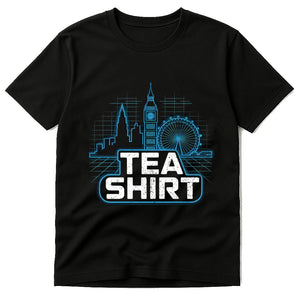 Black London T Shirt - "Tea Shirt" graphic tee with teal print, flat lay product photo