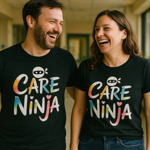 Person wearing the black social worker shirts graphic tee - "Care Ninja" design