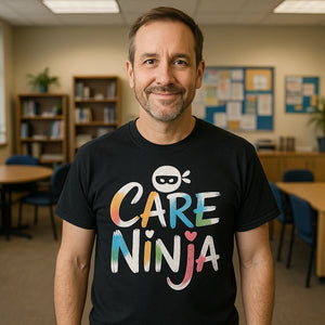 Lifestyle shot of the "Care Ninja" black social worker shirts in a real-world setting
