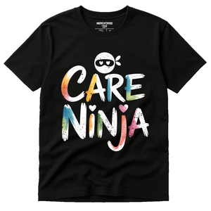 Black Social Worker Shirts - "Care Ninja" graphic tee with white print, flat lay product photo