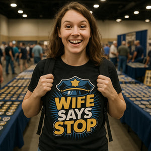Lifestyle shot of the "Wife Says Stop" black police officer shirts in a real-world setting