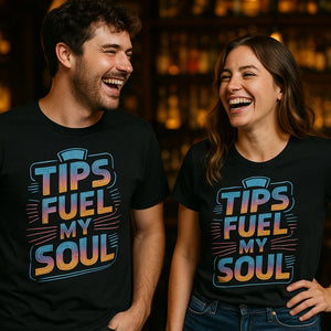 Person wearing the black bartender shirts graphic tee - "Tips Fuel My Soul" design