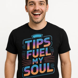 Close-up of the "Tips Fuel My Soul" gray print on a premium Bella+Canvas black bartender shirts