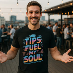Lifestyle shot of the "Tips Fuel My Soul" black bartender shirts in a real-world setting