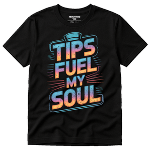 Black Bartender Shirts - "Tips Fuel My Soul" graphic tee with gray print, flat lay product photo