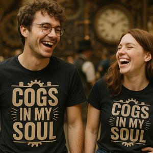 Person wearing the black steampunk shirts graphic tee - "Cogs in My Soul" design