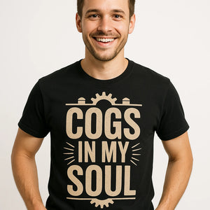 Close-up of the "Cogs in My Soul" tan print on a premium Bella+Canvas black steampunk shirts