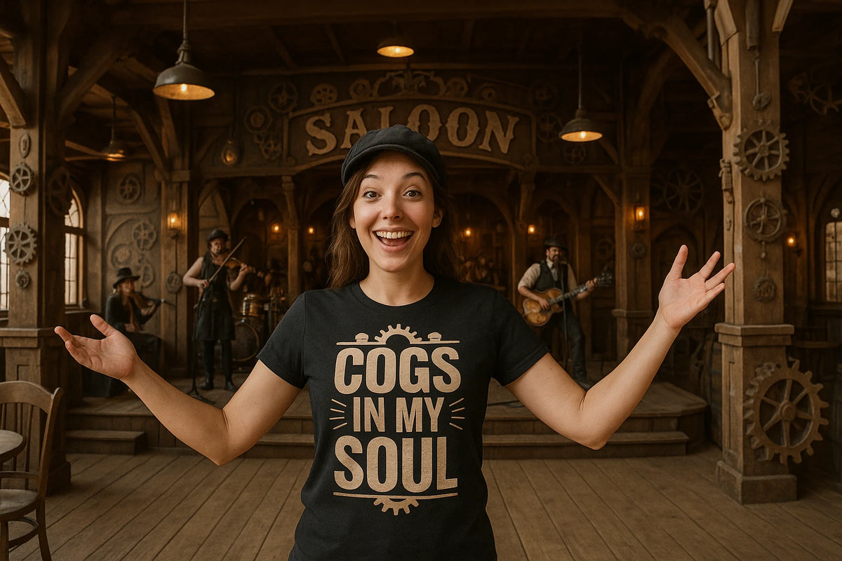 Lifestyle shot of the "Cogs in My Soul" black steampunk shirts in a real-world setting