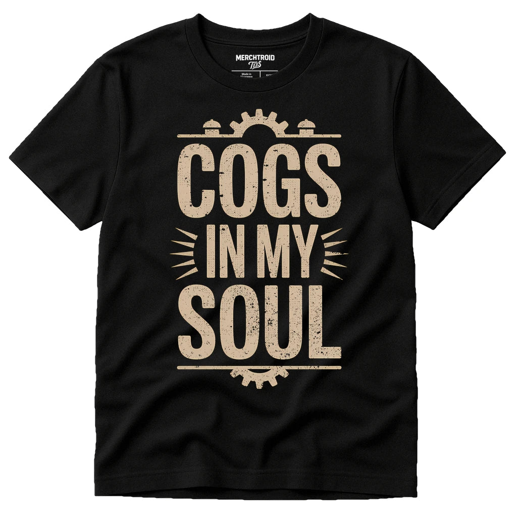 Black Steampunk Shirts - "Cogs in My Soul" graphic tee with tan print, flat lay product photo