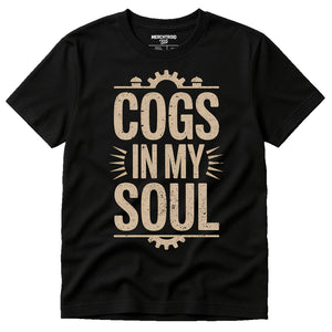 Black Steampunk Shirts - "Cogs in My Soul" graphic tee with tan print, flat lay product photo