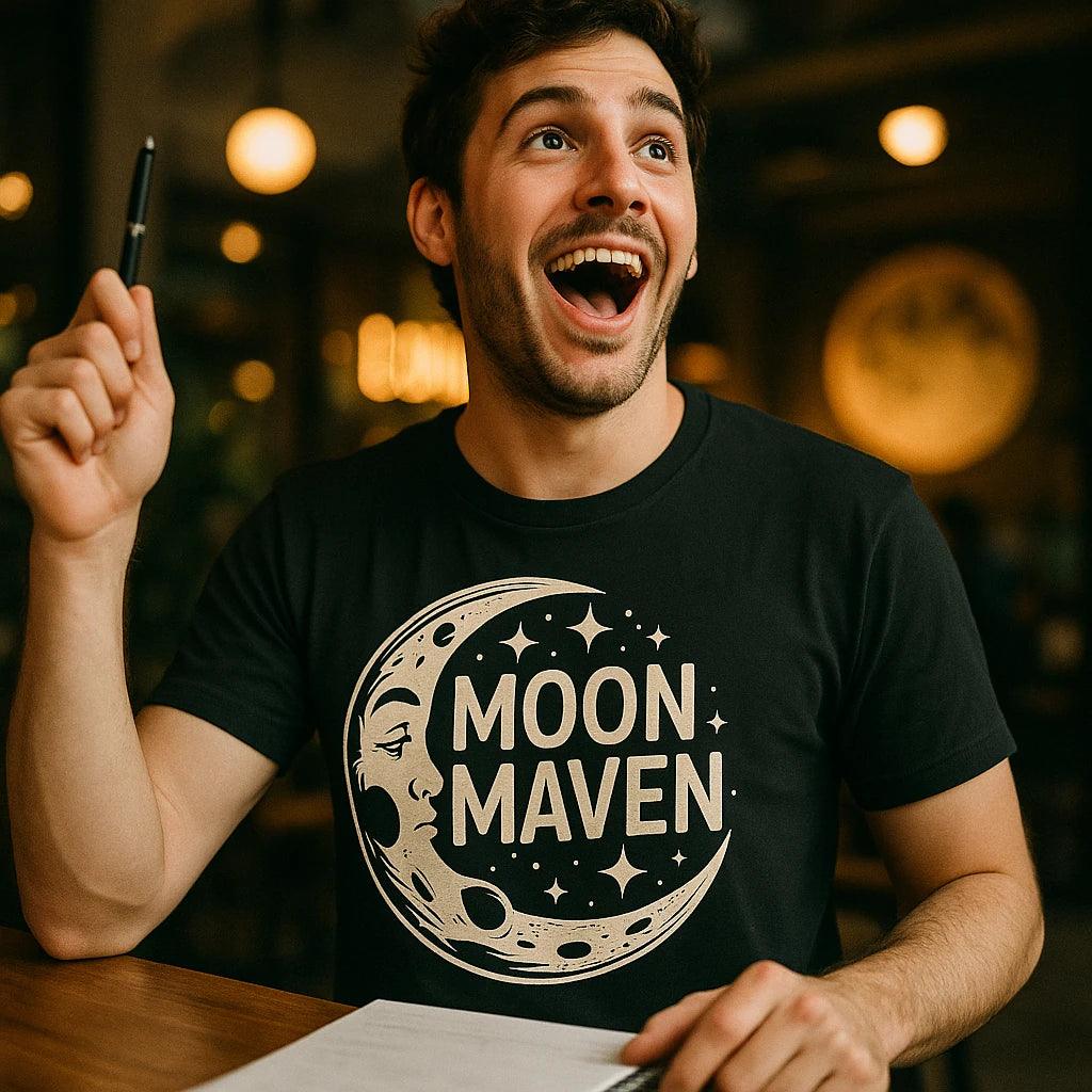 "Moon Maven" black man on the moon t shirt, photographed as gifts for moon lovers