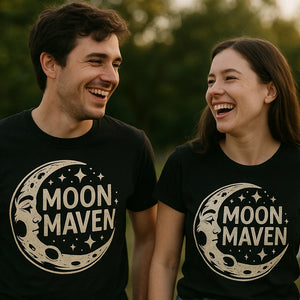Person wearing the black man on the moon t shirt graphic tee - "Moon Maven" design