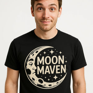 Close-up of the "Moon Maven" cream print on a premium Bella+Canvas black man on the moon t shirt
