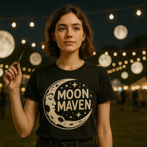 Lifestyle shot of the "Moon Maven" black man on the moon t shirt in a real-world setting